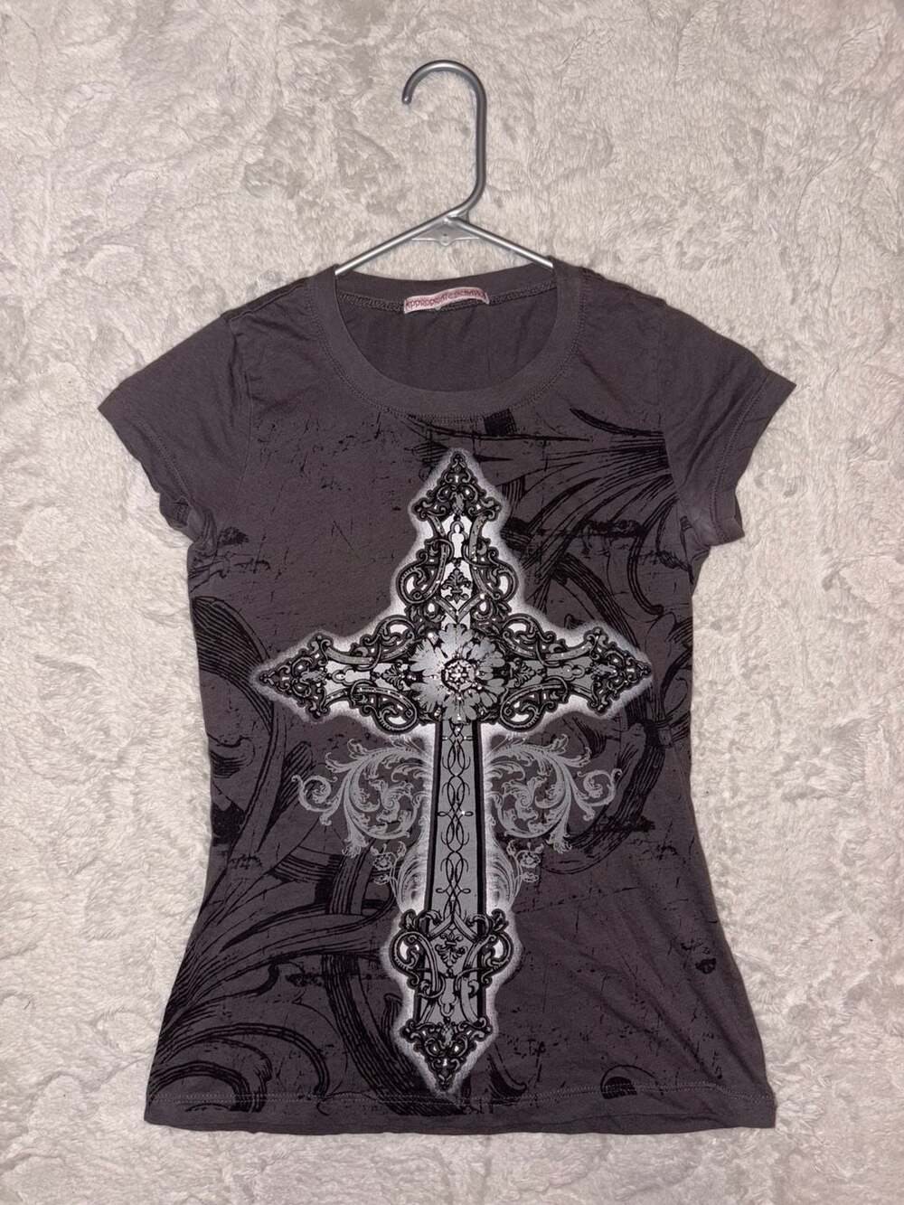 Appropriate Behavior Y2K Grunge Dark Grey Cross Graphic Baby Tee